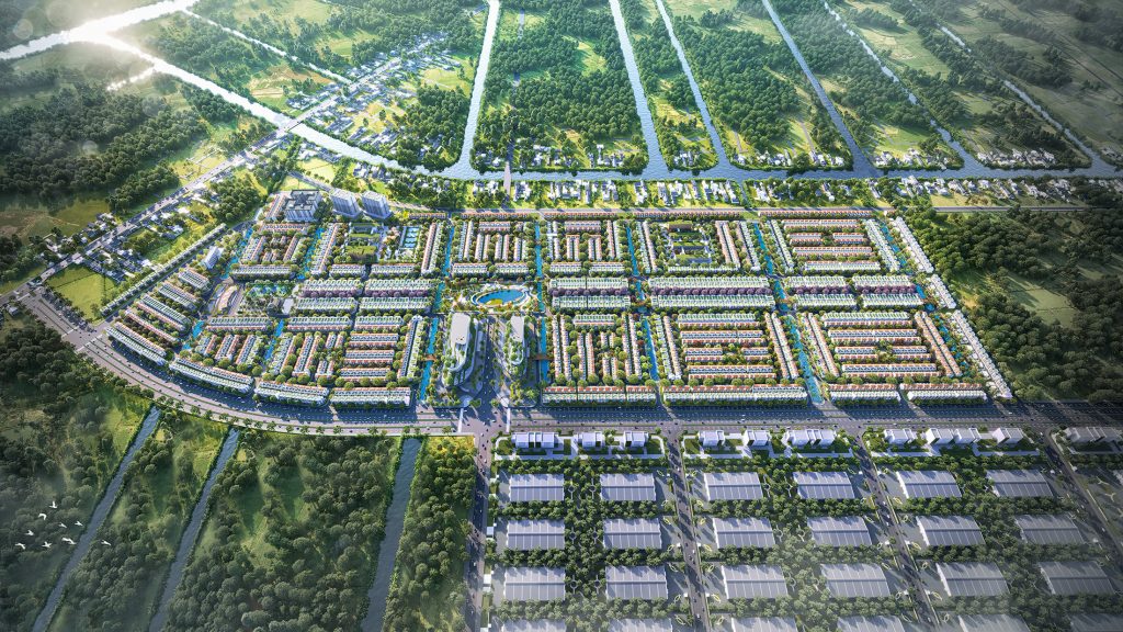 Phối cảnh toàn cảnh khu đô thị sinh thái LA Home Long An nhìn từ trên cao, bao quanh bởi sông Vàm Cỏ Đông