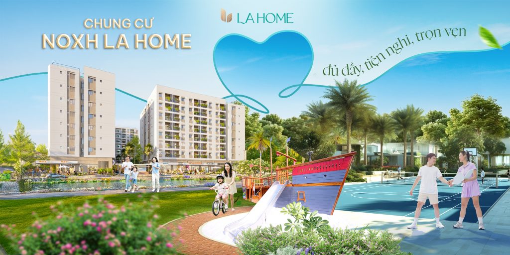 Phối cảnh khuôn viên nhà ở xã hội LA Home với sân chơi và hai tòa chung cư