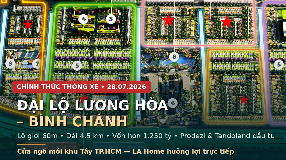 Thông xe đại lộ Lương Hòa Bình Chánh lộ giới 60m ngay cửa ngõ khu đô thị LA Home